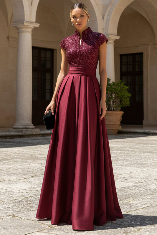 Princess Stand Collar Short Sleeve Long Elegant Mother of Bride Dress