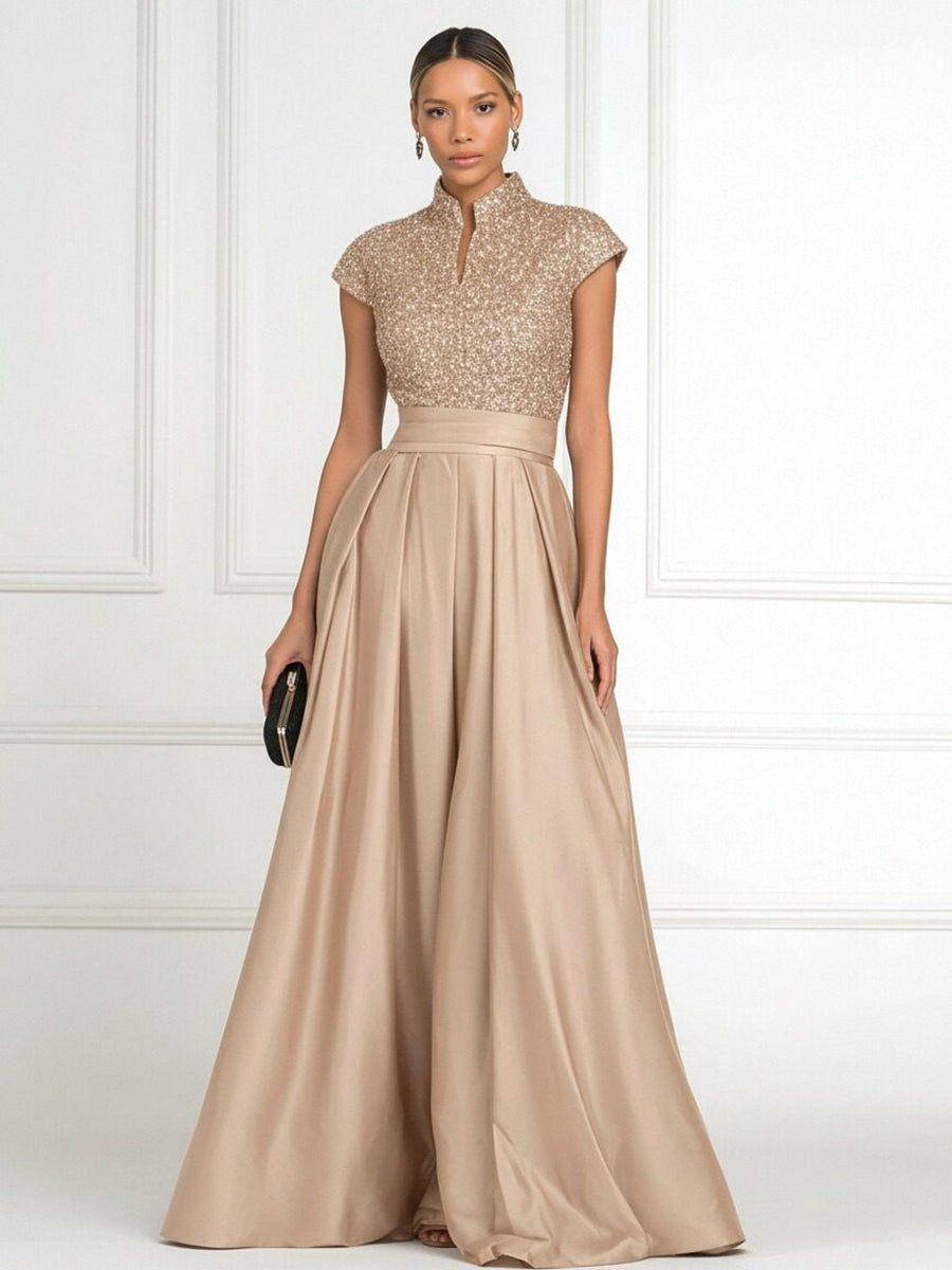 Princess Stand Collar Short Sleeve Long Elegant Mother of Bride Dress