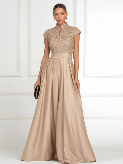 Princess Stand Collar Short Sleeve Long Elegant Mother of Bride Dress