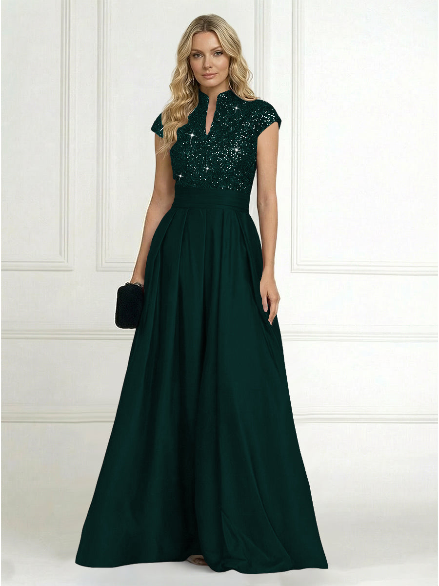 Princess Stand Collar Short Sleeve Long Elegant Mother of Bride Dress