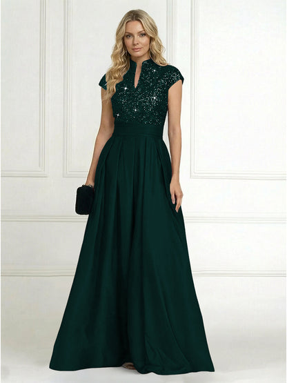 Princess Stand Collar Short Sleeve Long Elegant Mother of Bride Dress