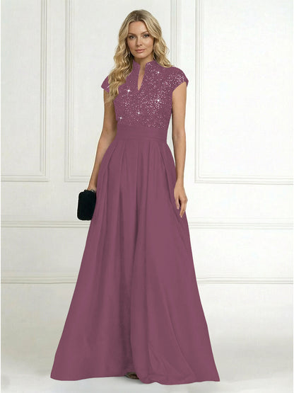 Princess Stand Collar Short Sleeve Long Elegant Mother of Bride Dress