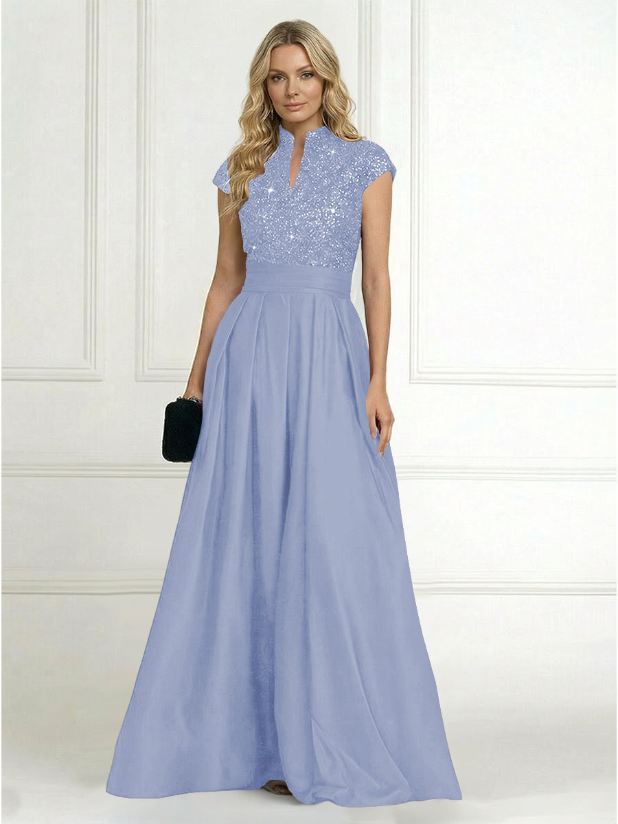 Princess Stand Collar Short Sleeve Long Elegant Mother of Bride Dress
