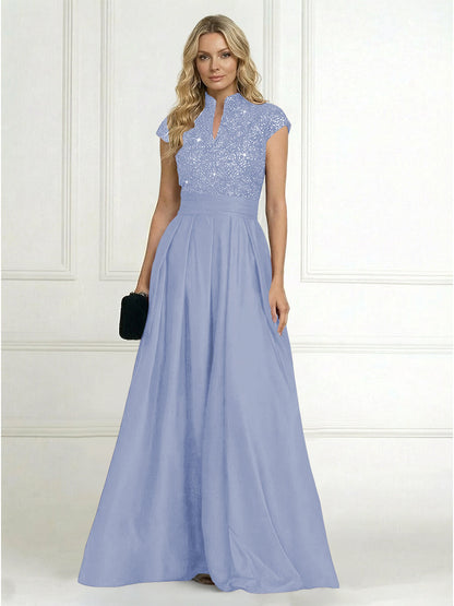 Princess Stand Collar Short Sleeve Long Elegant Mother of Bride Dress