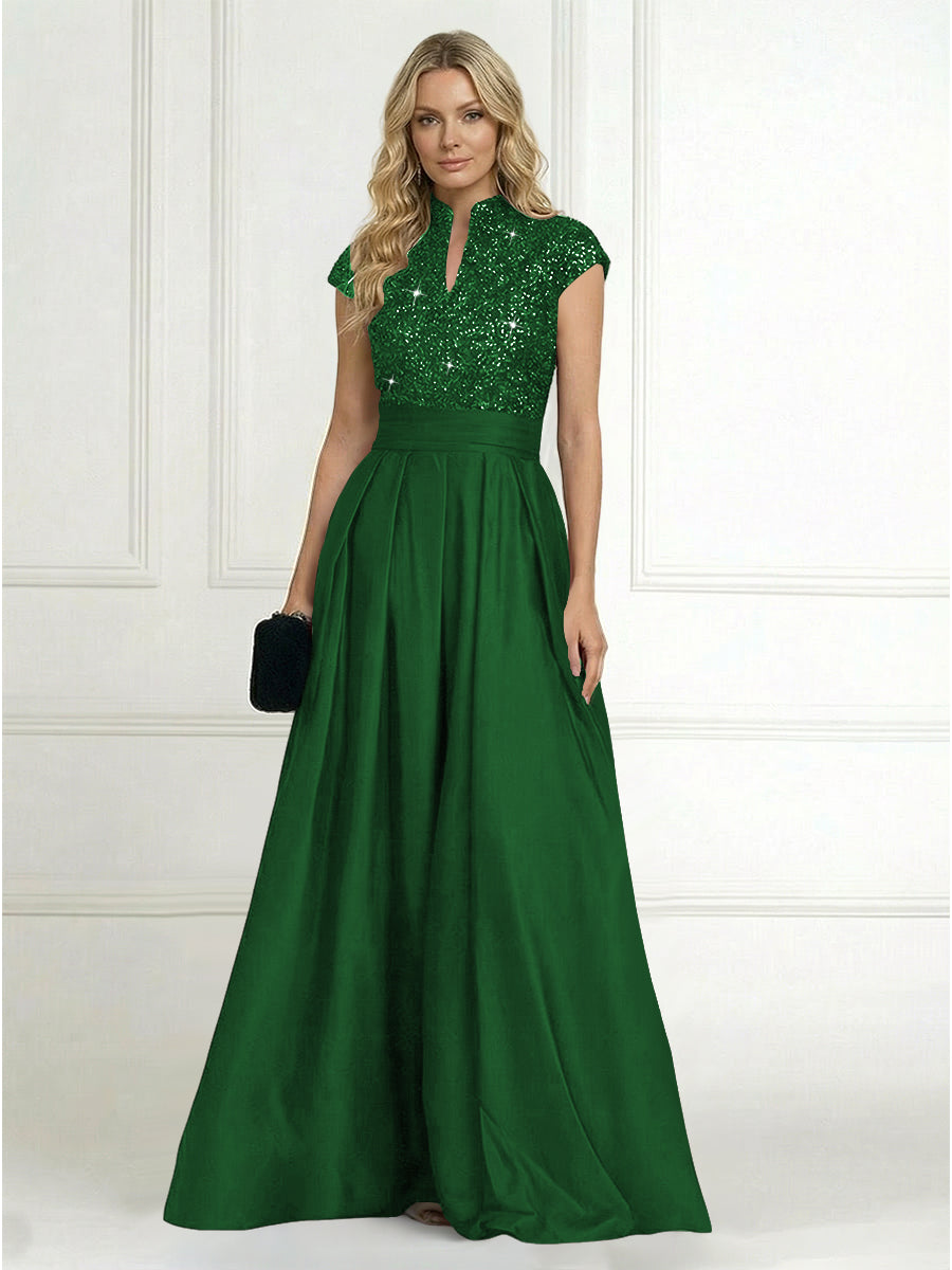 Princess Stand Collar Short Sleeve Long Elegant Mother of Bride Dress