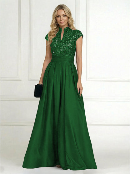 Princess Stand Collar Short Sleeve Long Elegant Mother of Bride Dress