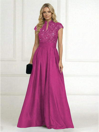 Princess Stand Collar Short Sleeve Long Elegant Mother of Bride Dress