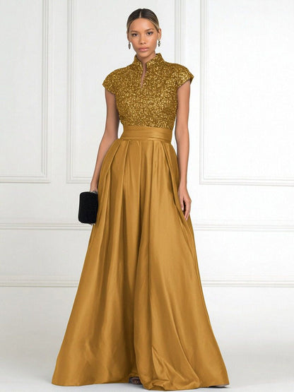 Princess Stand Collar Short Sleeve Long Elegant Mother of Bride Dress