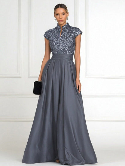 Princess Stand Collar Short Sleeve Long Elegant Mother of Bride Dress