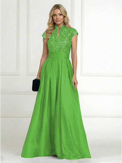 Princess Stand Collar Short Sleeve Long Elegant Mother of Bride Dress