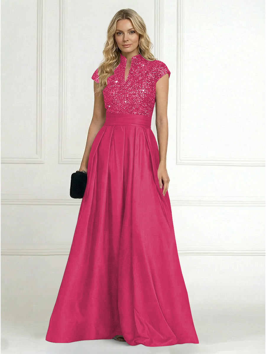 Princess Stand Collar Short Sleeve Long Elegant Mother of Bride Dress