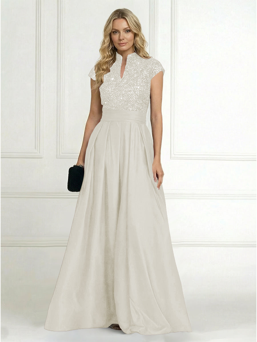 Princess Stand Collar Short Sleeve Long Elegant Mother of Bride Dress