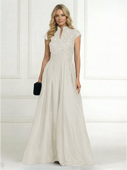 Princess Stand Collar Short Sleeve Long Elegant Mother of Bride Dress