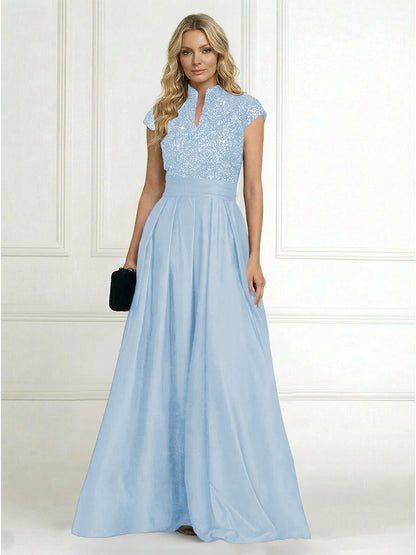 Princess Stand Collar Short Sleeve Long Elegant Mother of Bride Dress
