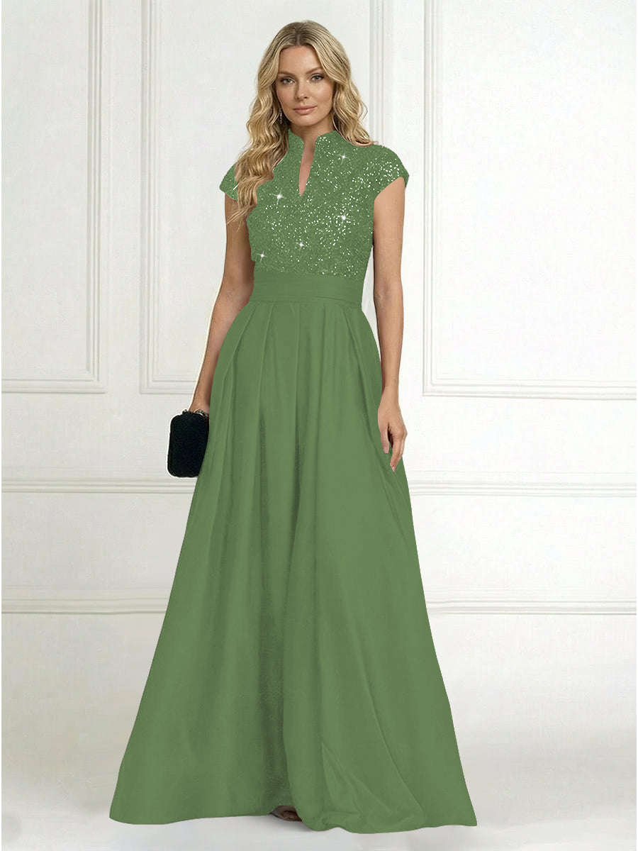 Princess Stand Collar Short Sleeve Long Elegant Mother of Bride Dress