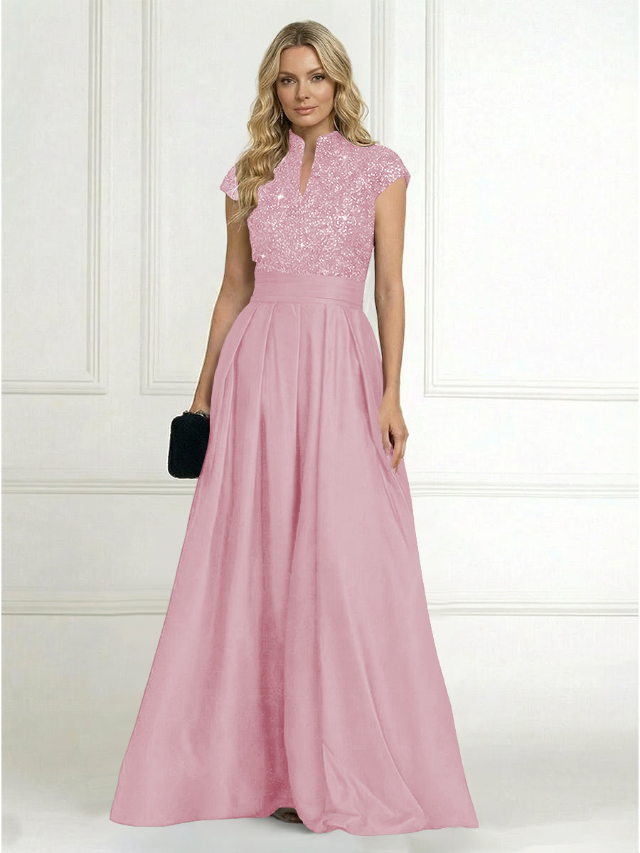 Princess Stand Collar Short Sleeve Long Elegant Mother of Bride Dress