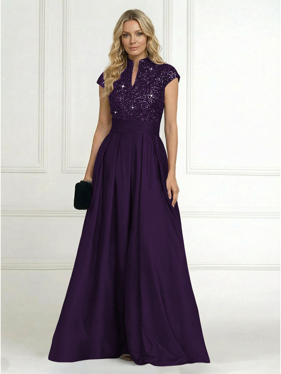 Princess Stand Collar Short Sleeve Long Elegant Mother of Bride Dress