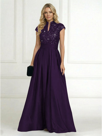 Princess Stand Collar Short Sleeve Long Elegant Mother of Bride Dress