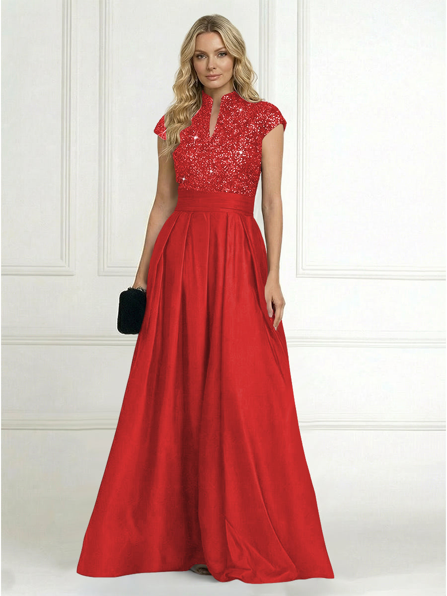 Princess Stand Collar Short Sleeve Long Elegant Mother of Bride Dress