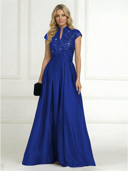 Princess Stand Collar Short Sleeve Long Elegant Mother of Bride Dress