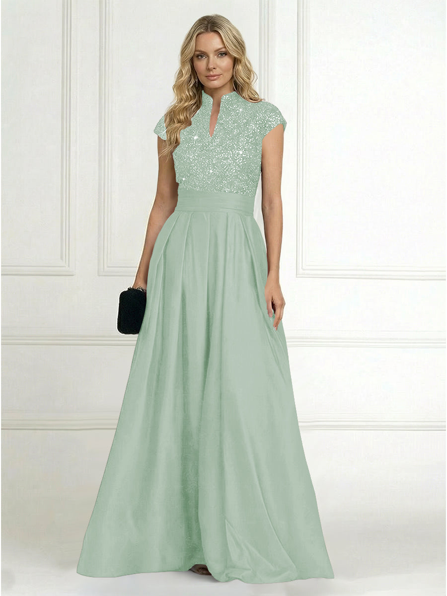 Princess Stand Collar Short Sleeve Long Elegant Mother of Bride Dress