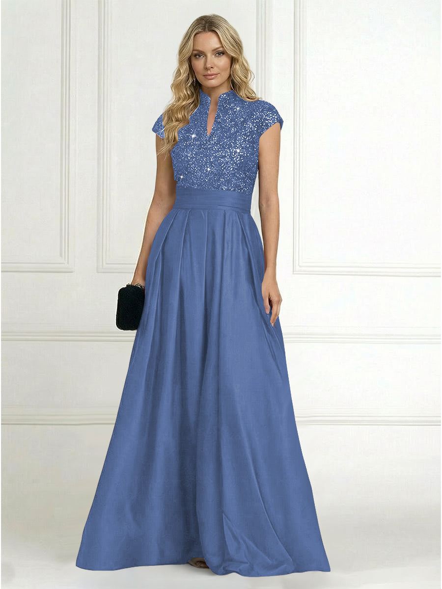 Princess Stand Collar Short Sleeve Long Elegant Mother of Bride Dress