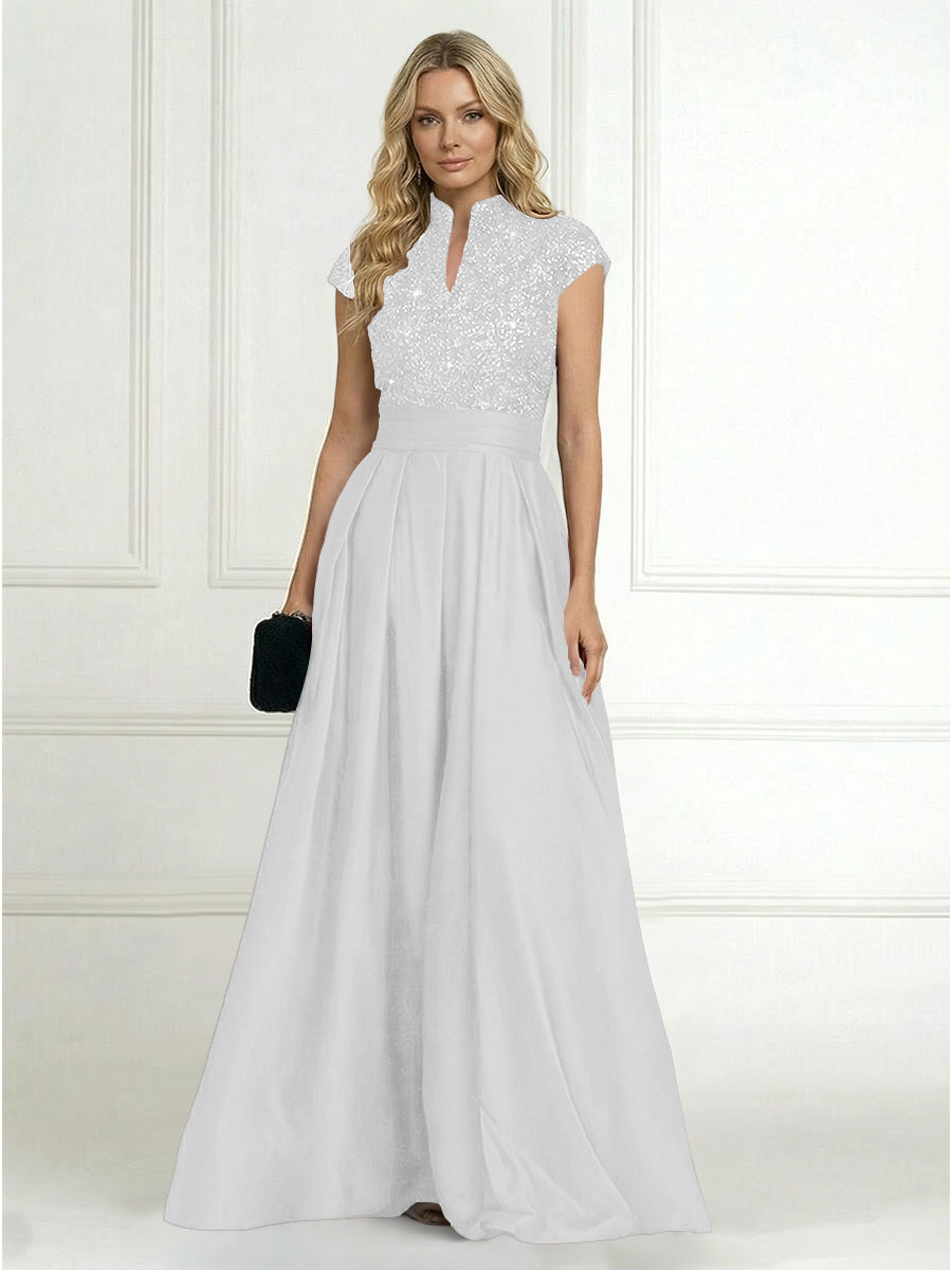 Princess Stand Collar Short Sleeve Long Elegant Mother of Bride Dress