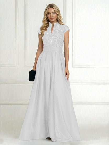 Princess Stand Collar Short Sleeve Long Elegant Mother of Bride Dress