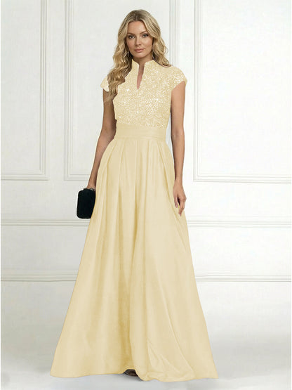 Princess Stand Collar Short Sleeve Long Elegant Mother of Bride Dress