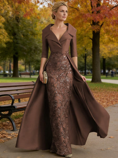 Sheath V Neck 3/4 Sleeve Sequined Mother of the Bride Dress