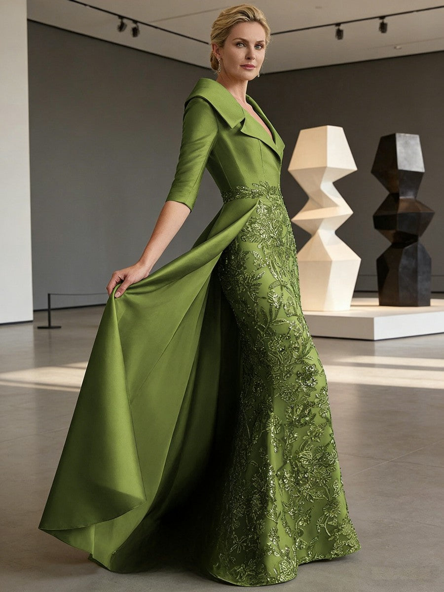 Sheath V Neck 3/4 Sleeve Sequined Mother of the Bride Dress