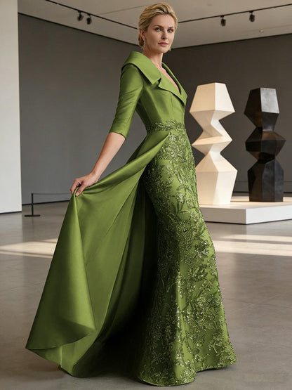 Sheath V Neck 3/4 Sleeve Sequined Mother of the Bride Dress