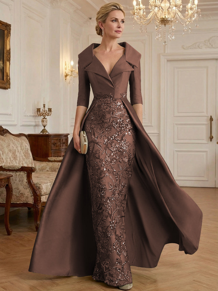 Sheath V Neck 3/4 Sleeve Sequined Mother of the Bride Dress