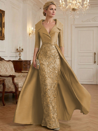 Sheath V Neck 3/4 Sleeve Sequined Mother of the Bride Dress