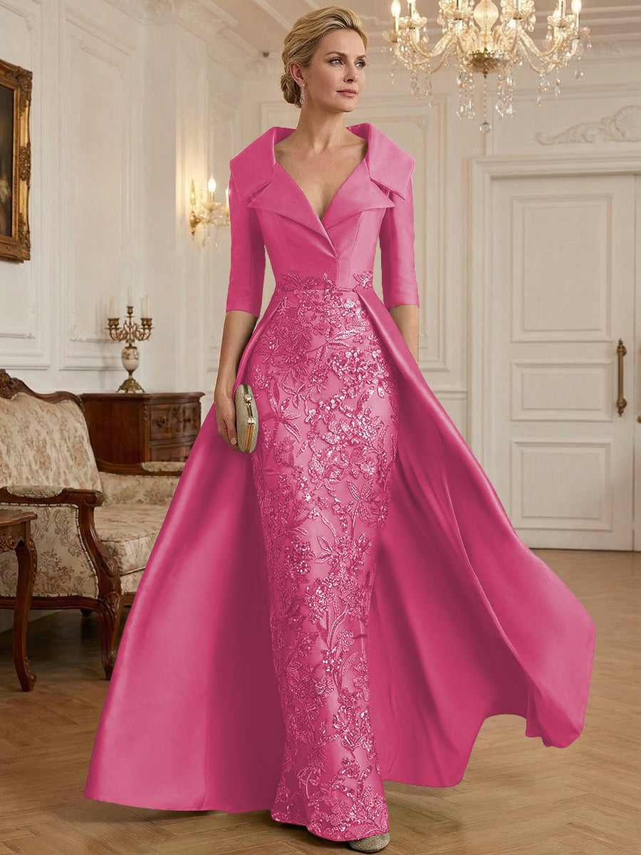 Sheath V Neck 3/4 Sleeve Sequined Mother of the Bride Dress