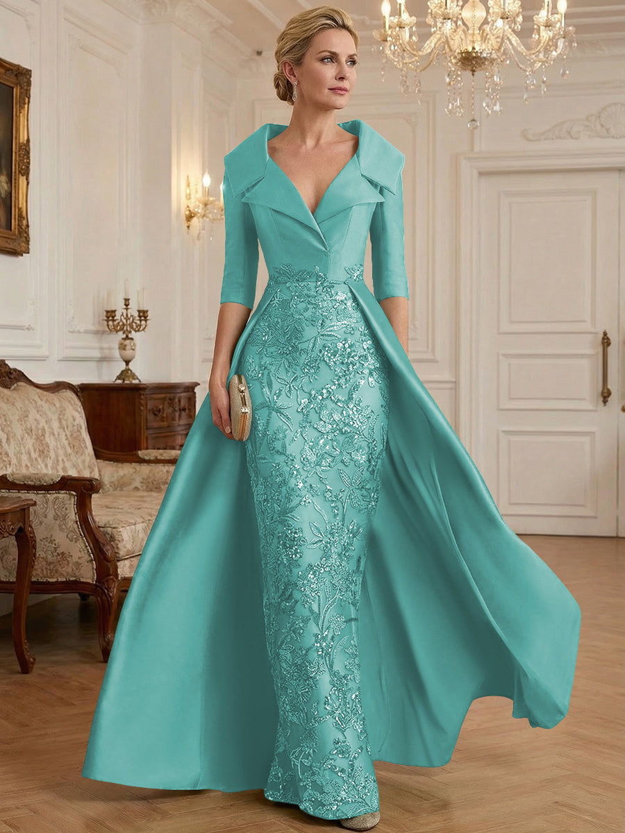 Sheath V Neck 3/4 Sleeve Sequined Mother of the Bride Dress