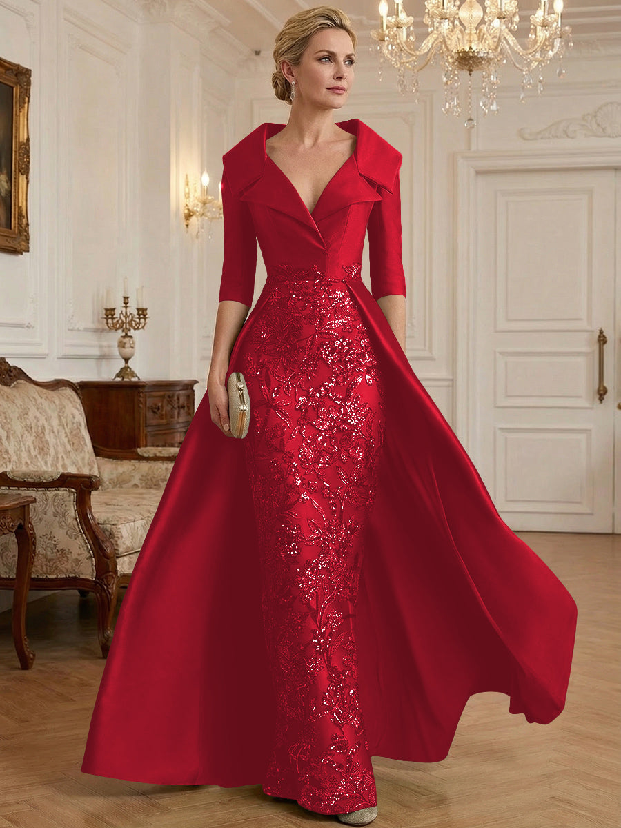 Sheath V Neck 3/4 Sleeve Sequined Mother of the Bride Dress
