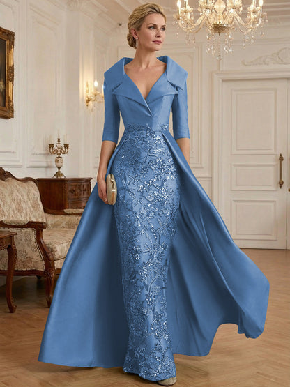 Sheath V Neck 3/4 Sleeve Sequined Mother of the Bride Dress