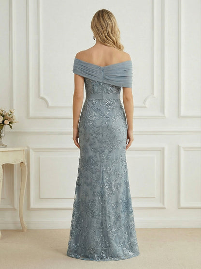 Mermaid Off Shoulder Short Sleeve Long Mother of the Bride Dress