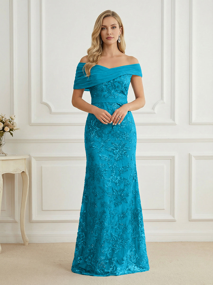 Mermaid Off Shoulder Short Sleeve Long Mother of the Bride Dress