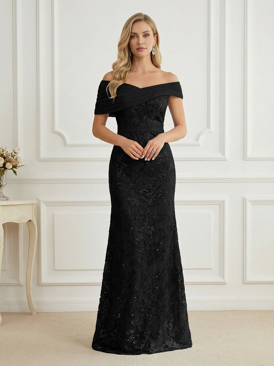 Mermaid Off Shoulder Short Sleeve Long Mother of the Bride Dress