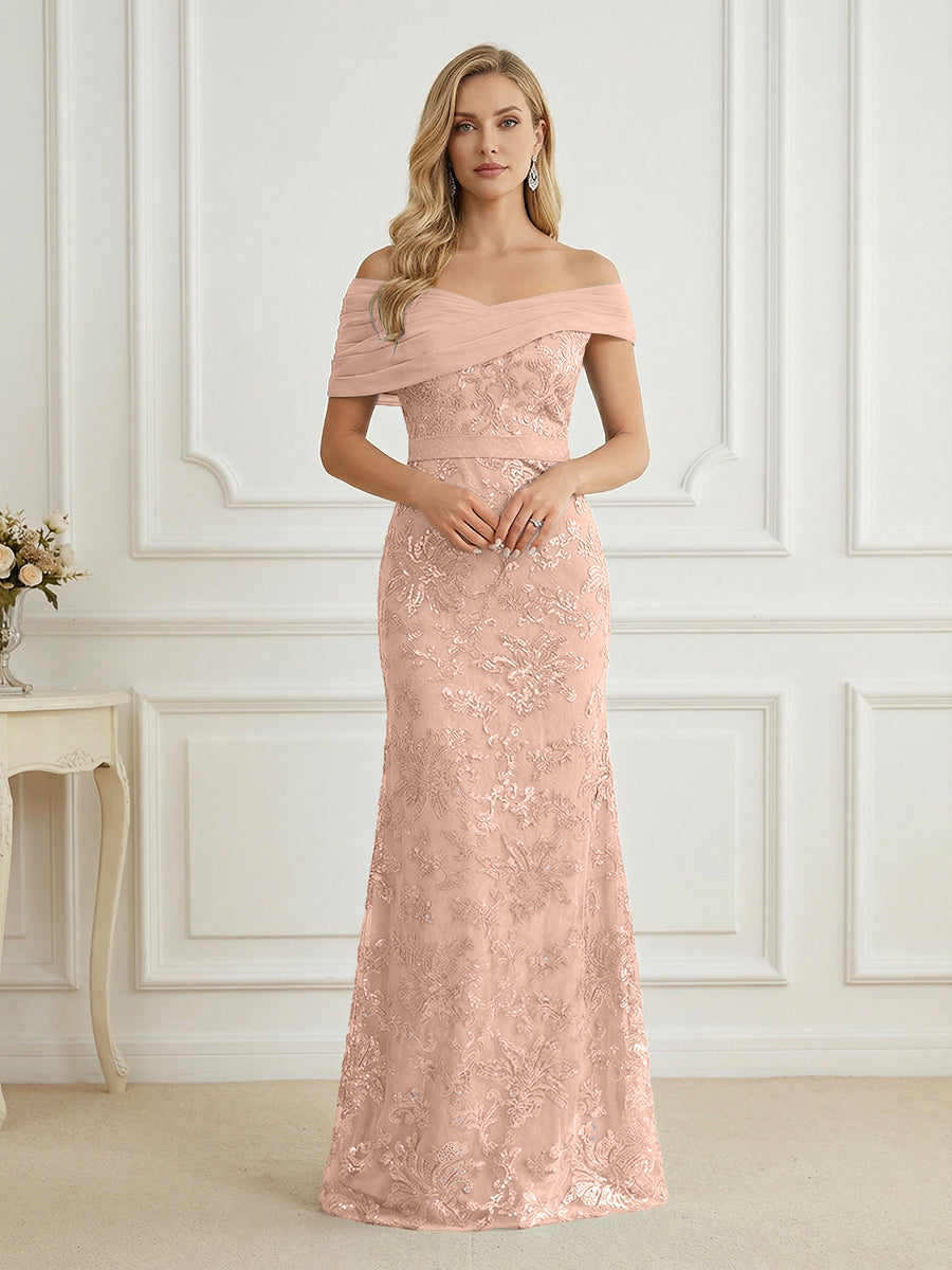 Mermaid Off Shoulder Short Sleeve Long Mother of the Bride Dress
