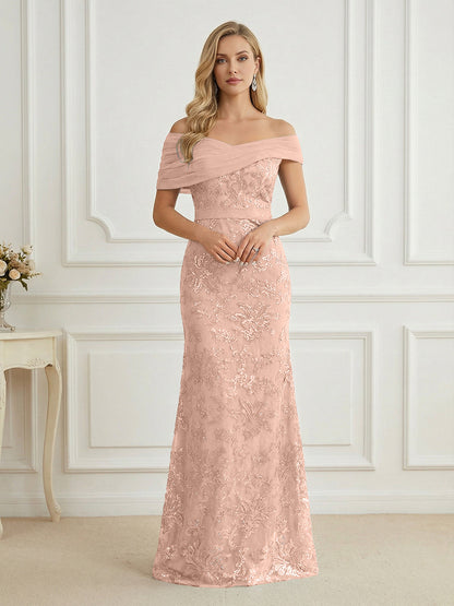 Mermaid Off Shoulder Short Sleeve Long Mother of the Bride Dress