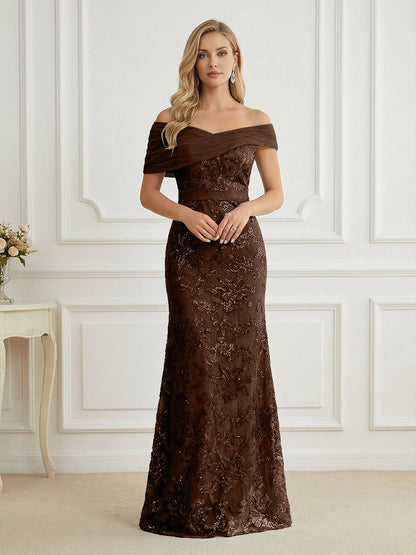 Mermaid Off Shoulder Short Sleeve Long Mother of the Bride Dress