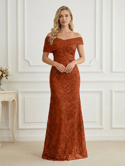 Mermaid Off Shoulder Short Sleeve Long Mother of the Bride Dress
