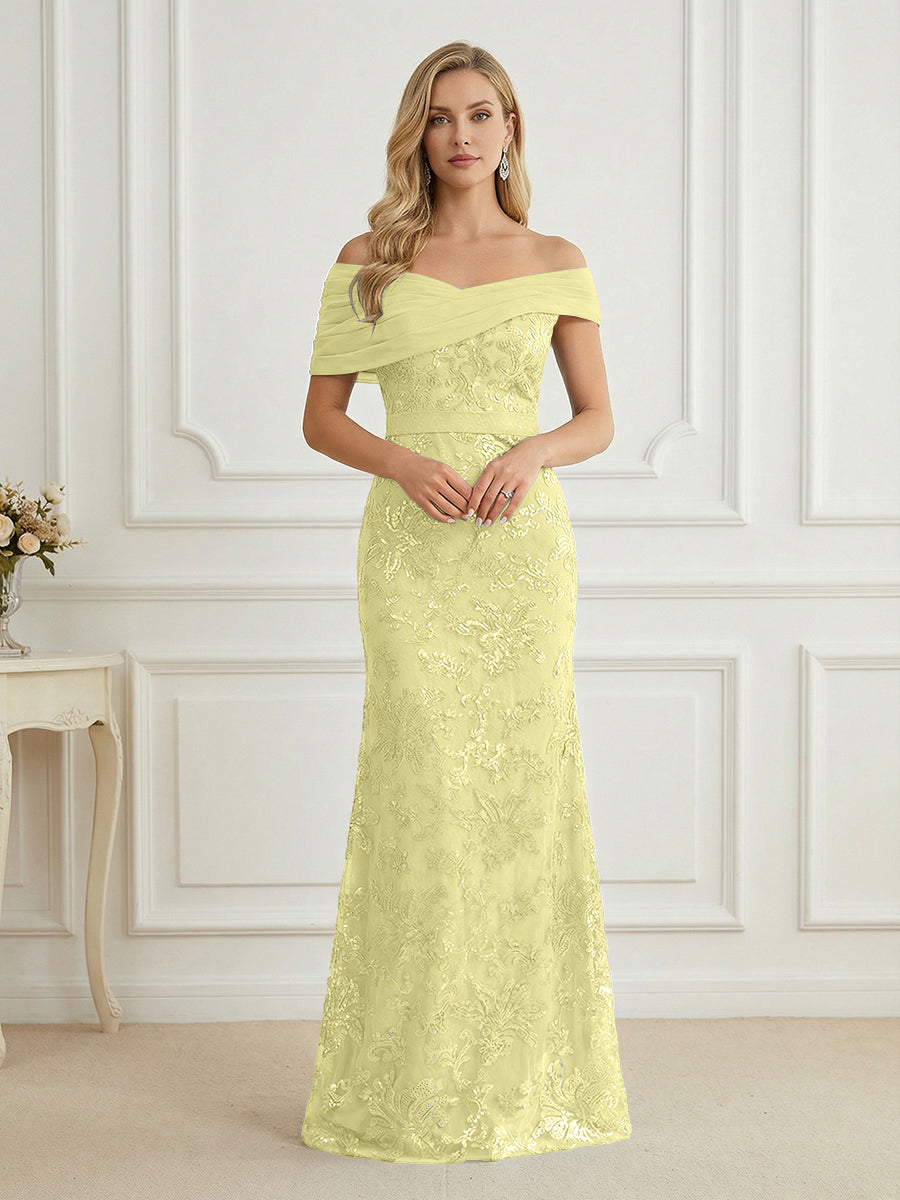 Mermaid Off Shoulder Short Sleeve Long Mother of the Bride Dress
