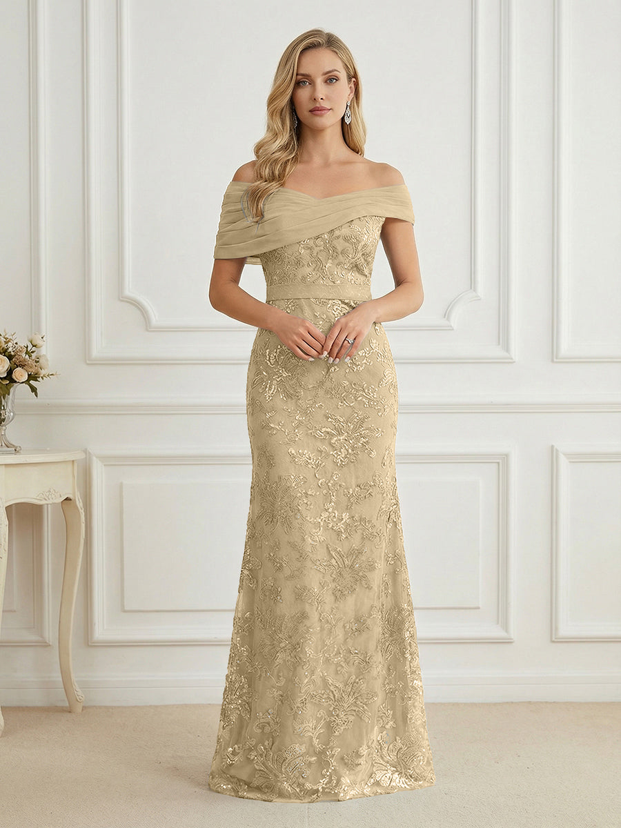 Mermaid Off Shoulder Short Sleeve Long Mother of the Bride Dress