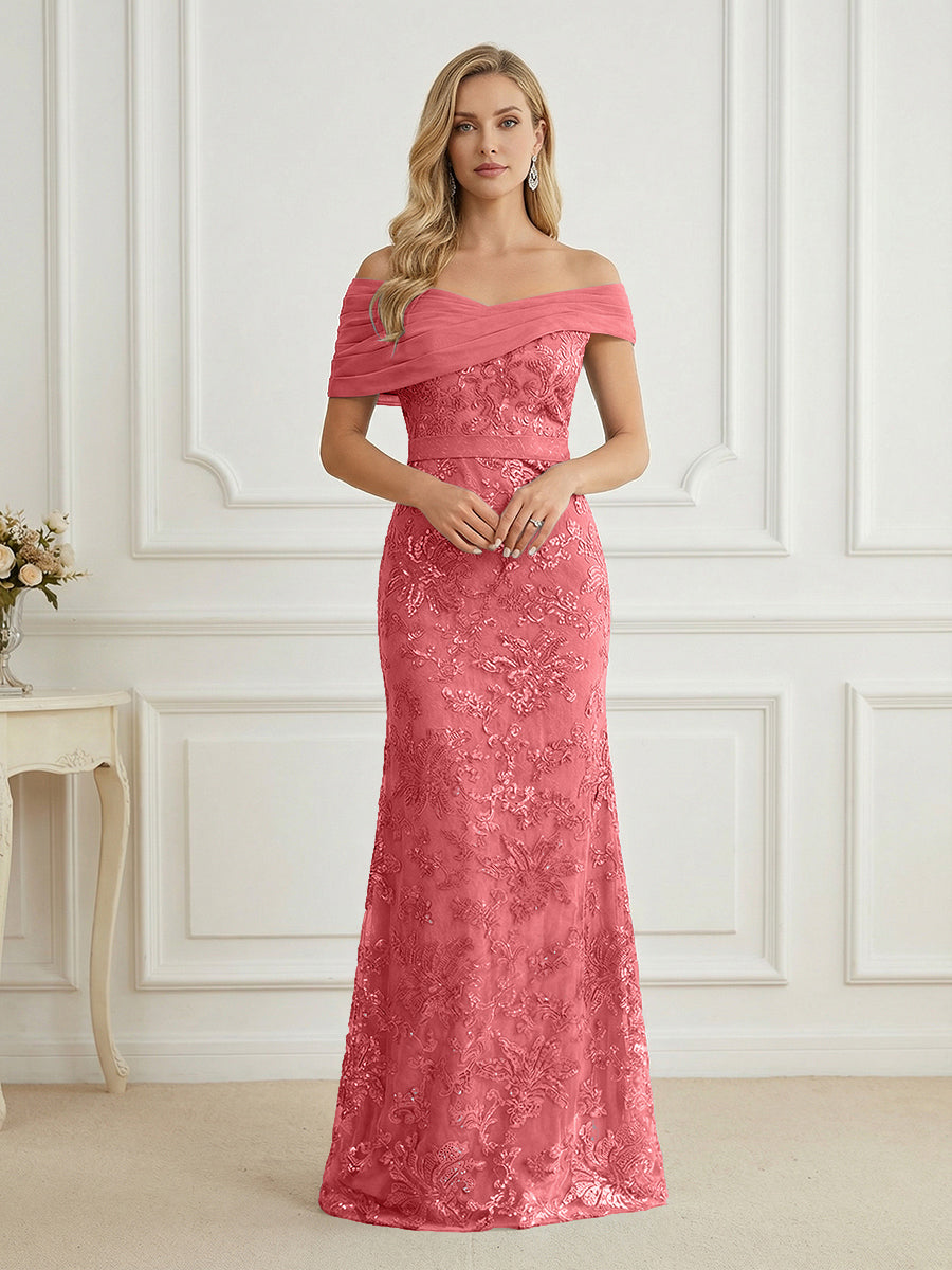 Mermaid Off Shoulder Short Sleeve Long Mother of the Bride Dress