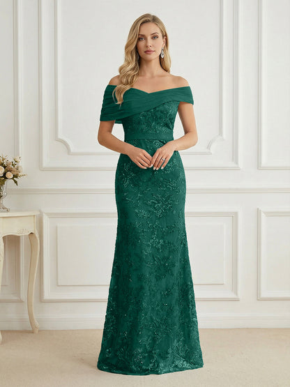 Mermaid Off Shoulder Short Sleeve Long Mother of the Bride Dress