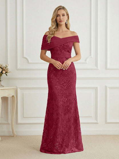 Mermaid Off Shoulder Short Sleeve Long Mother of the Bride Dress
